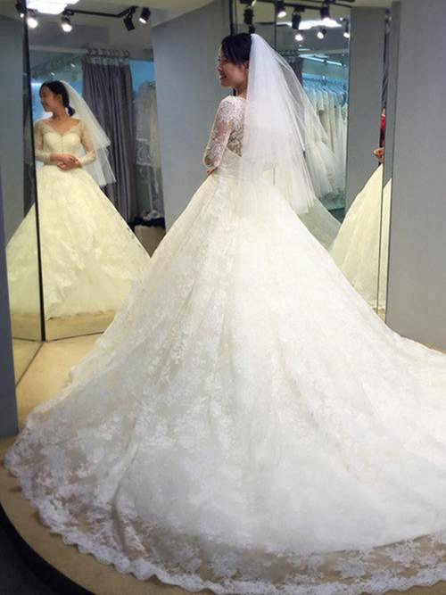 A-line V Neck Chapel Train Lace Sleeves Wedding Dress
