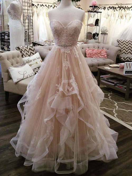 A-line Sweetheart Floor Length Tulle Lace Bridal Dress Beads