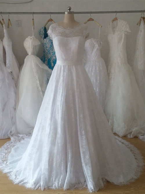 A-line Scoop Court Train Lace Bridal Dress