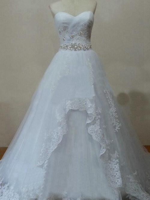 A-line Sweetheart Sweep Train Tulle Lace Bridal Dress Beads