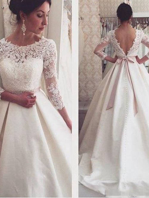 A-line Scoop Sweep Train Satin Lace Wedding Dress Belt