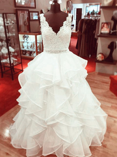 A-line V Neck Floor Length Tulle Lace Bridal Dress Beads