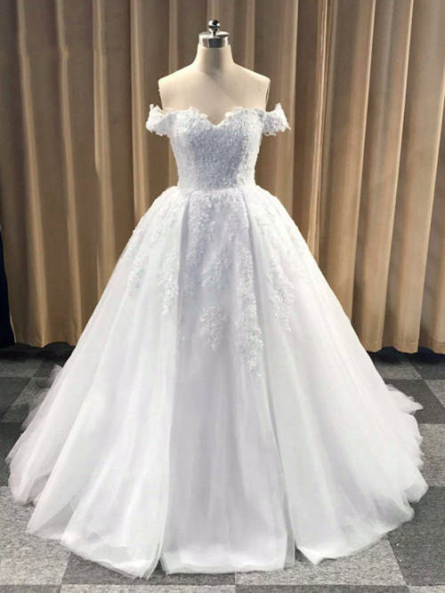 A-line Off Shoulder Sweep Train Chiffon Lace Bridal Dress