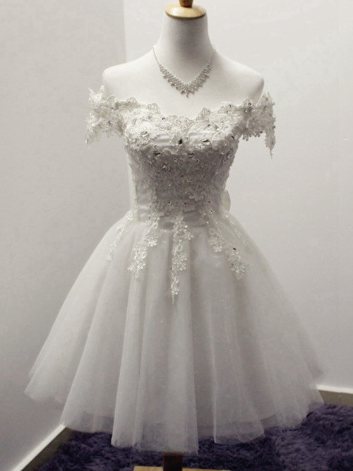 A-line Off Shoulder Tulle Lace Short Wedding Dress Beads
