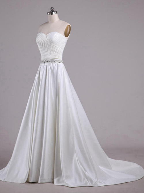 A-line Sweetheart Sweep Train Satin Bridal Gown Beads Pleats