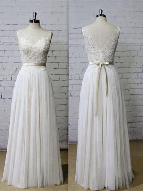 A-line Scoop Floor Length Tulle Lace Wedding Dress Bowknot