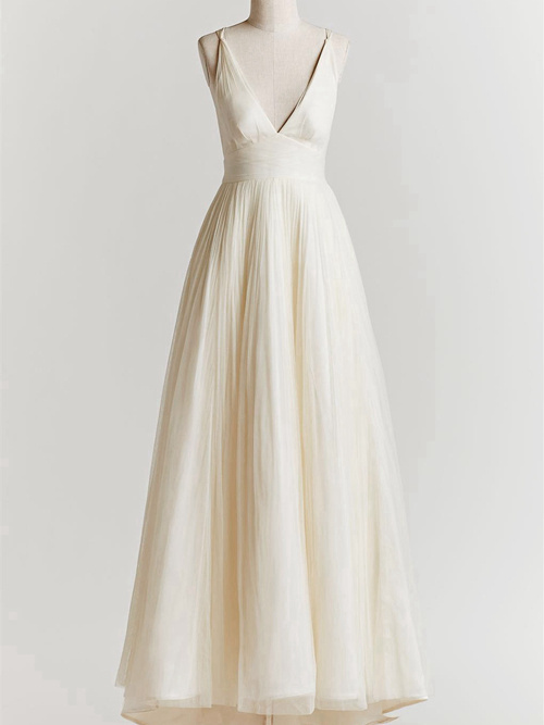 A-line V Neck Floor Length Chiffon Bridal Dress