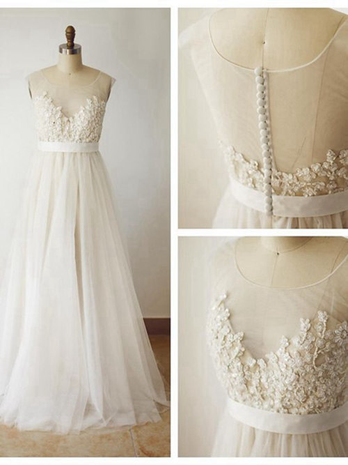 A-line Sheer Brush Train Tulle Wedding Dress Applique
