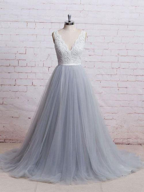 A-line V Neck Sweep Train Lace Tulle Wedding Dress
