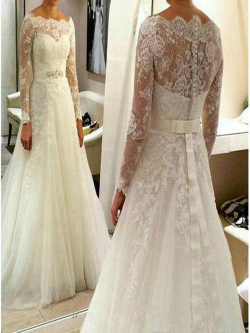 A-line Bateau Sweep Train Lace Sleeves Tulle Wedding Gown
