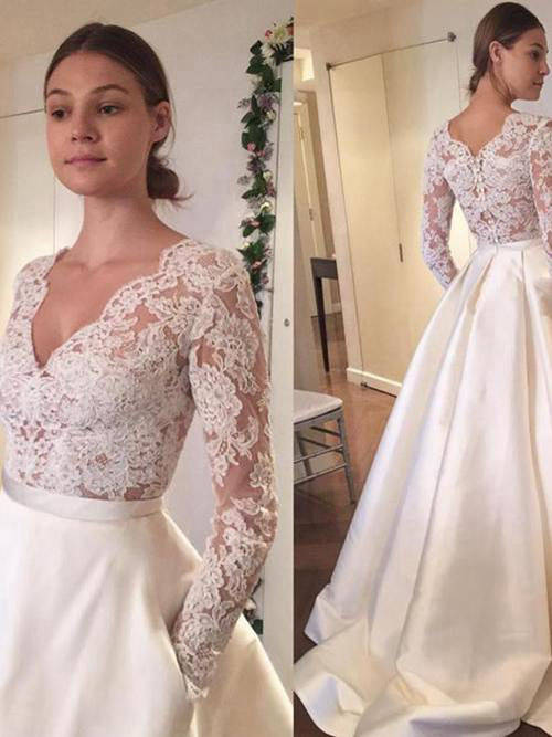 A-line V Neck Sweep Train Lace Sleeves Satin Bridal Dress