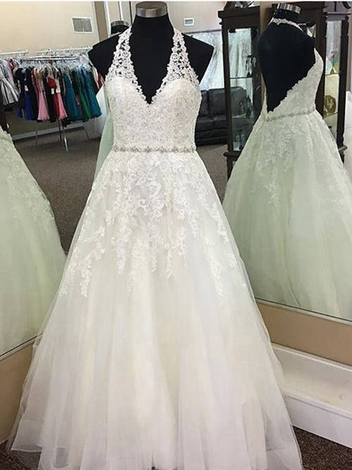A-line Halter Floor Length Tulle Lace Wedding Dress Beads
