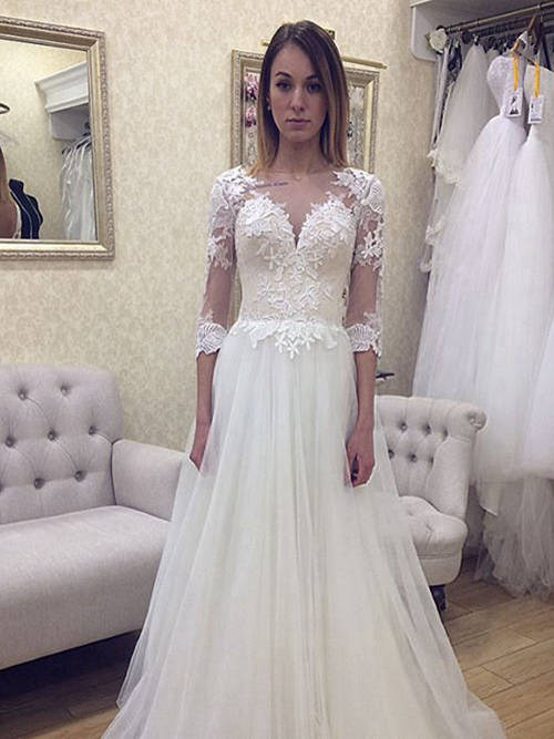 A-line Sheer Sweep Train Chiffon Lace Wedding Dress