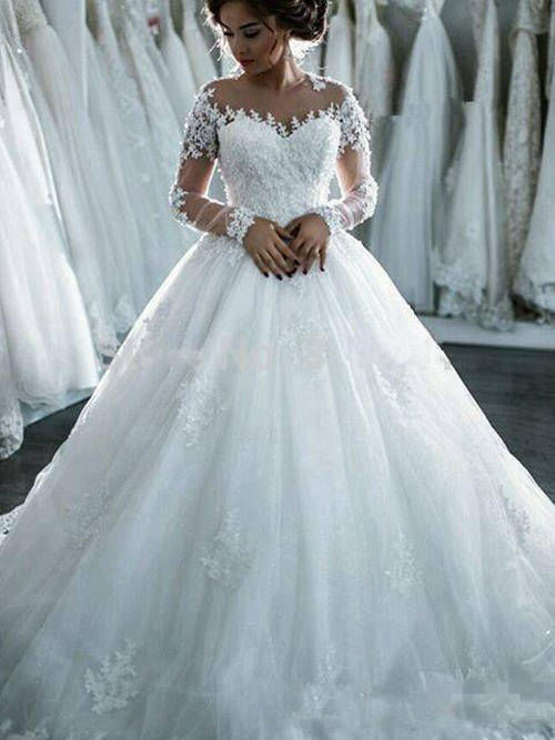 A-line Sweetheart Court Train Lace Sleeves Bridal Gown