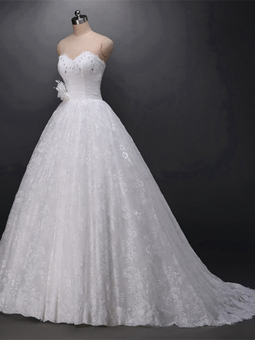 A-line Sweetheart Sweep Train Lace Bridal Dress Flower Beads