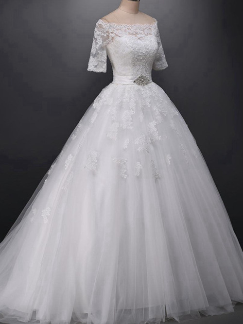A-line Off Shoulder Sweep Train Tulle Lace Wedding Wear Beads