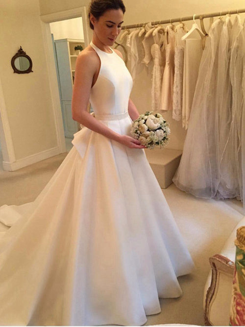 A-line Halter Court Train Satin Bridal Dress