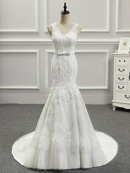 Mermaid V Neck Sweep Train Lace Bridal Gown