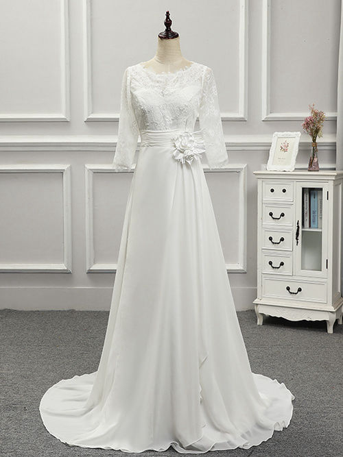 A-line Scoop Sweep Train Chiffon Lace Wedding Gown Flower