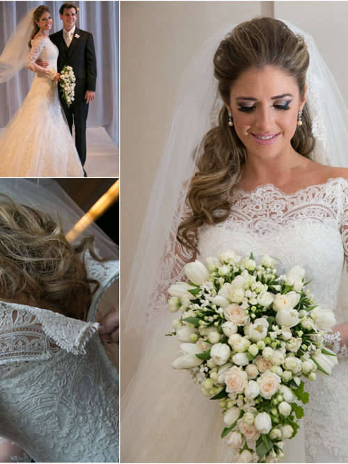 A-line Off Shoulder Brush Train Lace Sleeves Wedding Wear