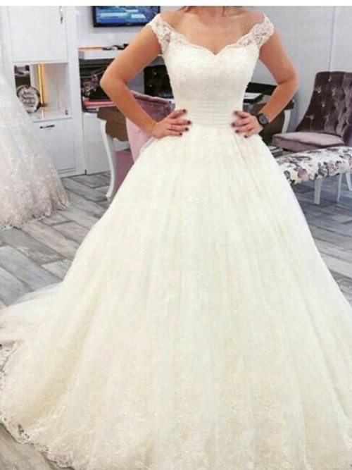A-line V Neck Sweep Train Tulle Lace Bridal Gown