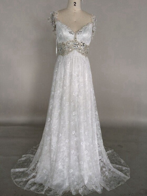 A-line V Neck Brush Train Lace Bridal Gown Beads