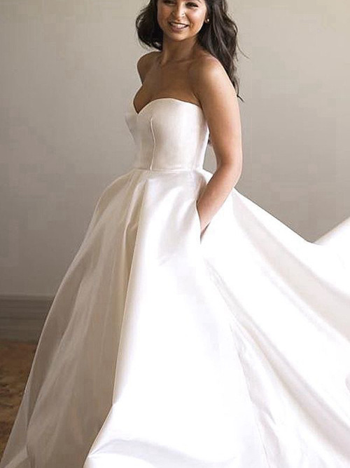 A-line Sweetheart Sweep Train Satin Bridal Dress