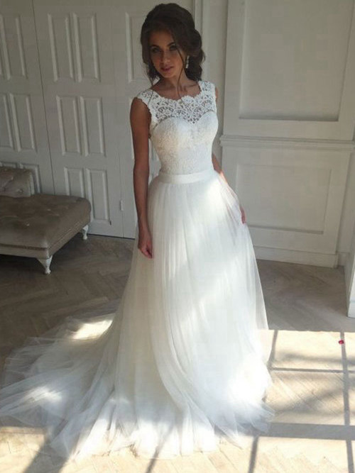 A-line Square Sweep Train Tulle Lace Bridal Dress