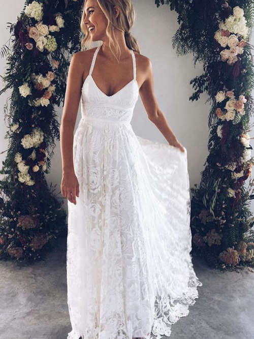 A-line Halter Floor Length Lace Wedding Dress