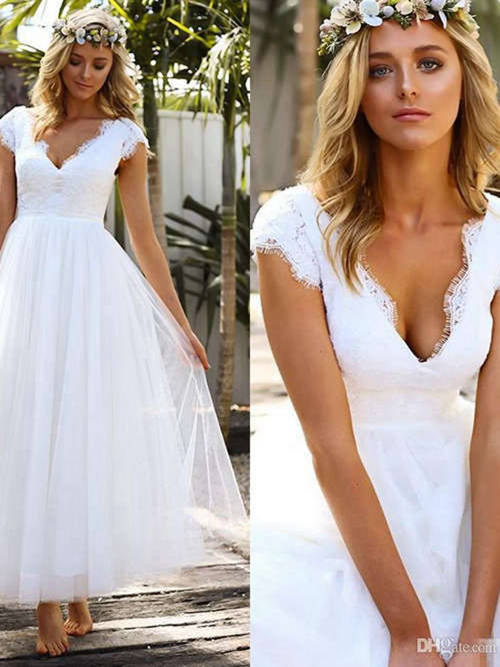 A-line V Neck Ankle Length Lace Tulle Bridal Dress