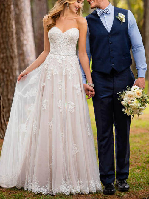 A-line Sweetheart Floor Length Tulle Lace Wedding Wear Beads