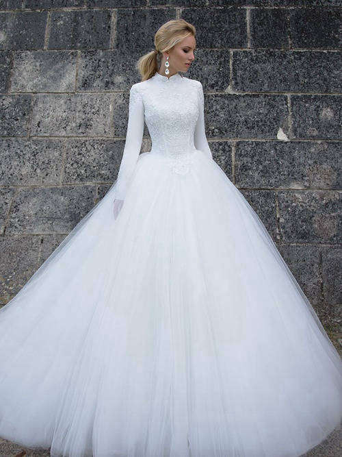 A-line High Neck Brush Train Tulle Lace Sleeves Bridal Dress
