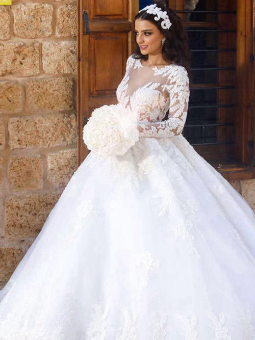 Princess Sheer Sweep Train Tulle Lace Sleeves Bridal Dress