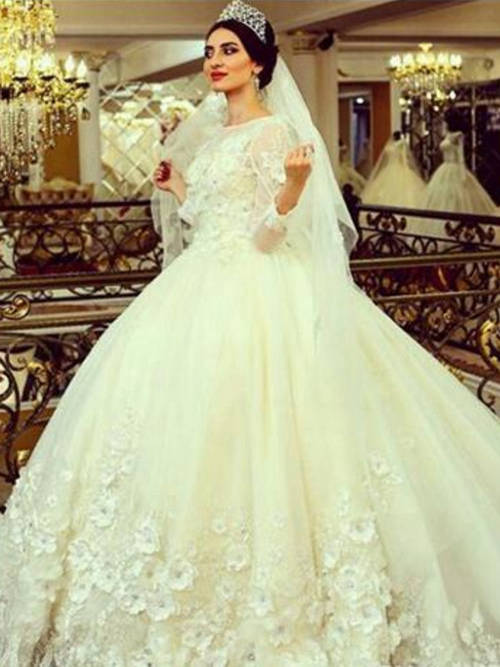 Ball Gown Jewel Sweep Train Tulle Wedding Wear Applique