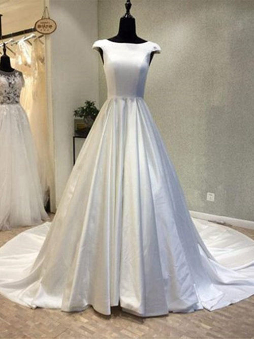A-line Bateau Court Train Satin Bridal Dress