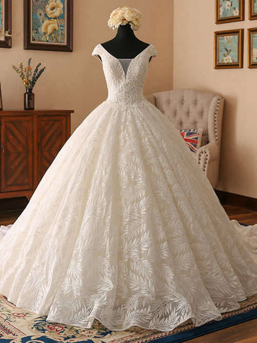 Ball Gown V Neck Brush Train Lace Wedding Wear