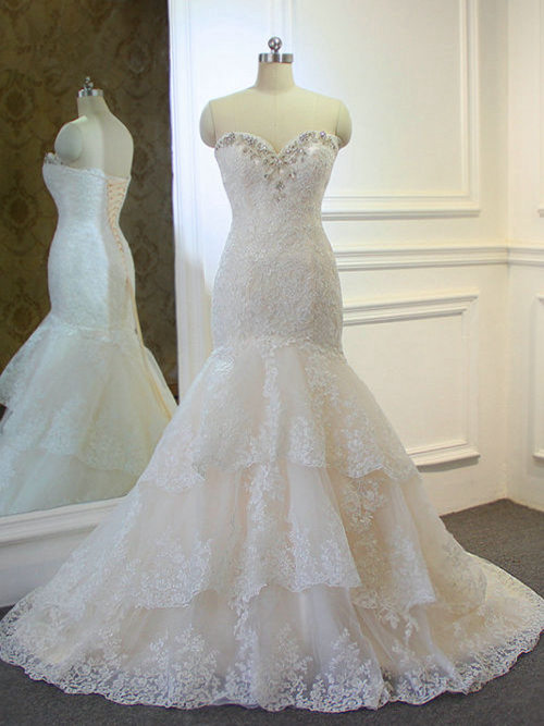 Mermaid Sweetheart Sweep Train Lace Bridal Gown Beads