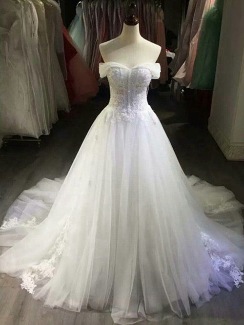 A-line Off Shoulder Court Train Tulle Lace Bridal Dress