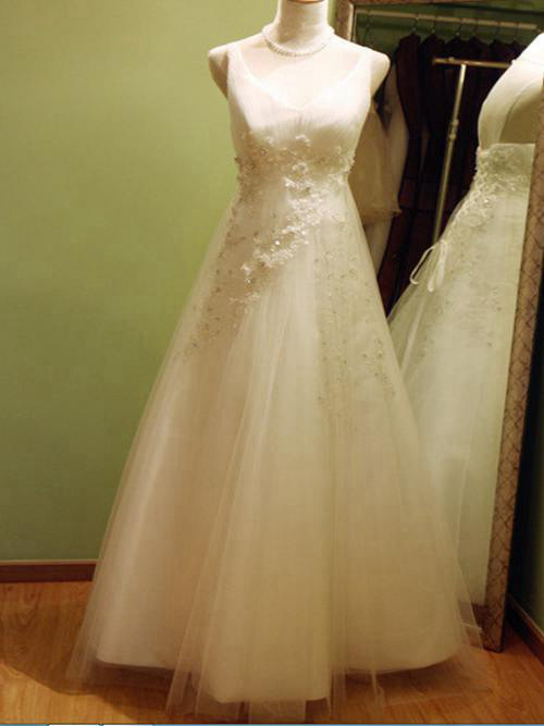 A-line V Neck Floor Length Tulle Bridal Dress Applique