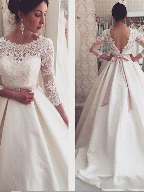 A-line Scoop Brush Train Lace Satin Wedding Dress Belt