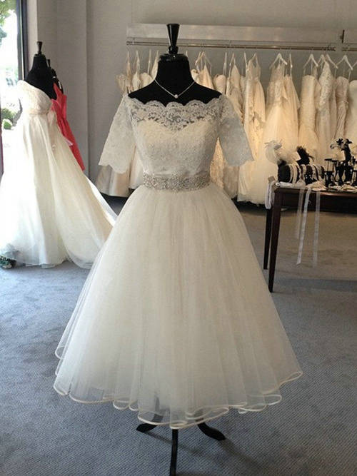 Princess Off Shoulder Tea Length Lace Tulle Wedding Dress Beads