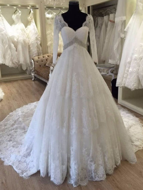 A-line V Neck Court Train Lace Sleeves Bridal Gown Beads