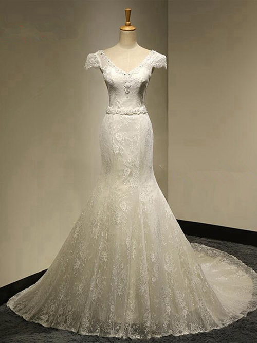 Mermaid V Neck Sweep Train Lace Wedding Gown