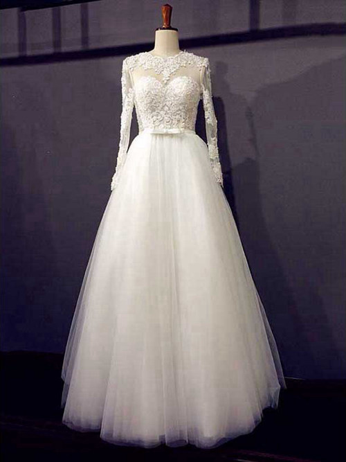 A-line Sheer Sweep Train Tulle Lace Sleeves Wedding Dress