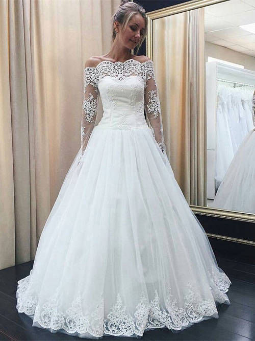 A-line Off Shoulder Sweep Train Tulle Lace Sleeves Bridal Dress