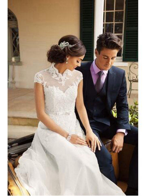 A-line High Neck Brush Train Lace Tulle Wedding Dress