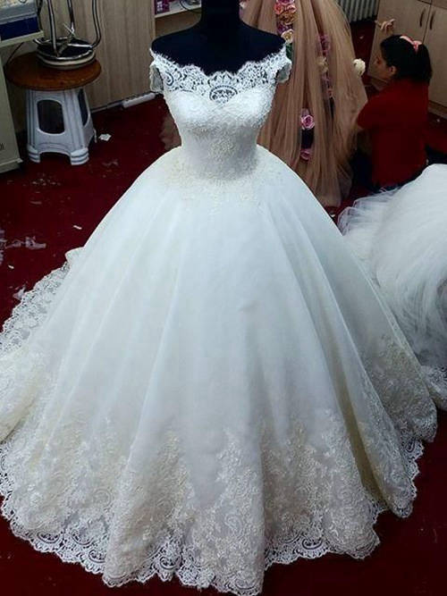 Ball Gown Off Shoulder Sweep Train Lace Bridal Wear