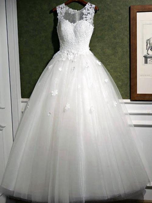 Princess Sheer Floor Length Tulle Lace Bridal Gown