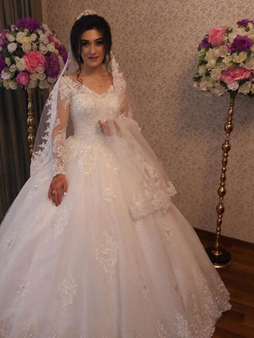 Ball Gown V Neck Sweep Train Lace Sleeves Organza Bridal Wear