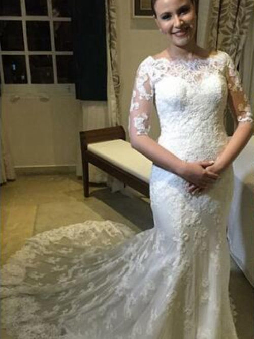 Mermaid Bateau Court Train Lace Sleeves Wedding Wear